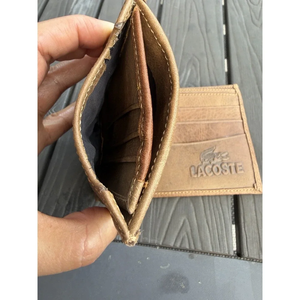 Vtg Lacoste Men's Logo Brown Leather Wallet W/pull Out Wallet Card